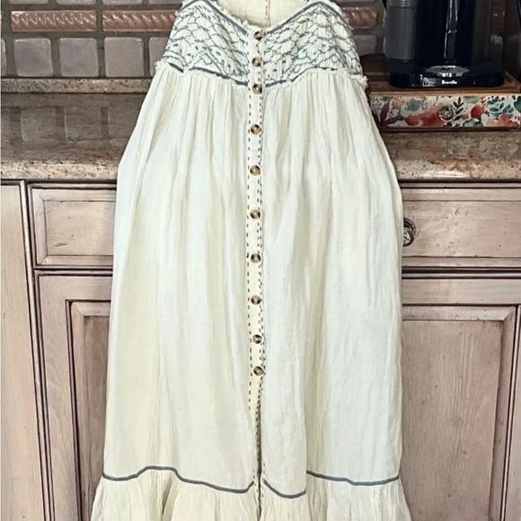 Free People Linda Jo Midi Dress Ruffled Hem SmockTop Button Up Ivory Blue Green - Picture 2 of 7